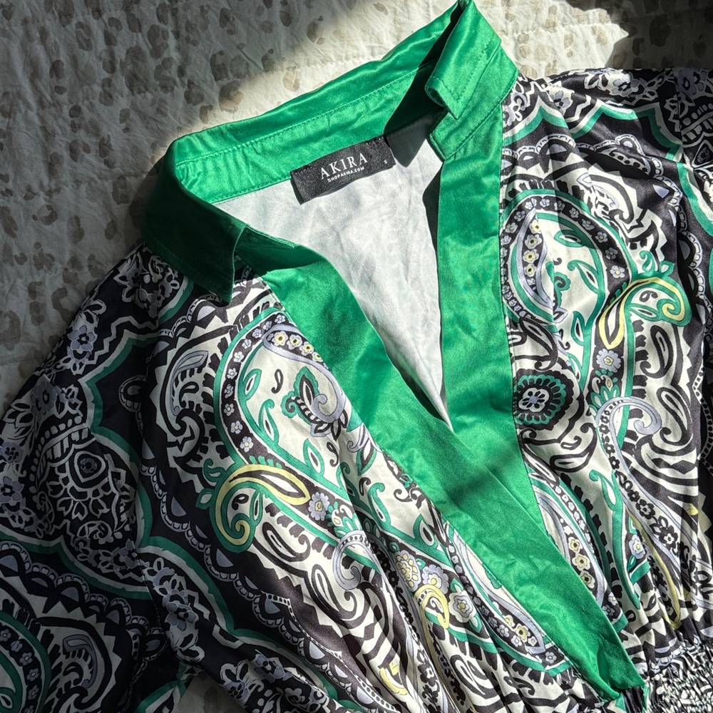 AKIRA Black & Green Paisley V-Neck Romper